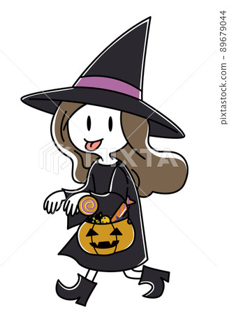 Illustration of a witch taking a ghost pose with a basket of pumpkins containing sweets (whole body) Illustration of a witch taking a ghost pose with a basket of pumpkins containing sweets (whole body) 89679044