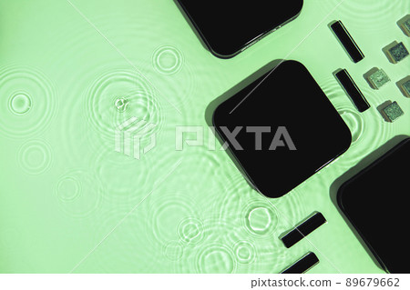 Abstract black geometric figures composition on transparent green clear water Abstract black geometric figures composition on transparent green clear water 89679662