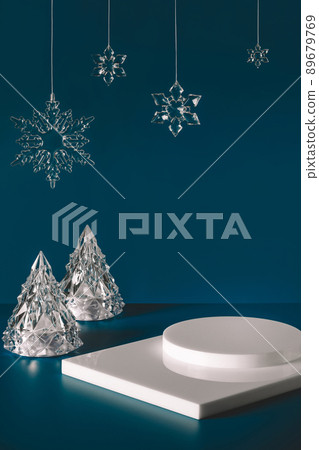 white podium and Christmas snowflakes on blue background white podium and Christmas snowflakes on blue background 89679769