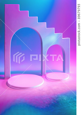 empty scene with circle podiums on holographic neon background  89679793