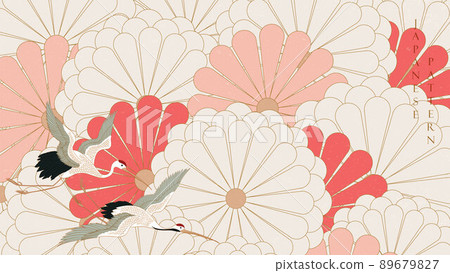 Abstract art landscape banner design with crane birds banner design decoration. Red floral Icon and symbol  element in Asia style. Flower pattern banner design in vintage style. 89679827