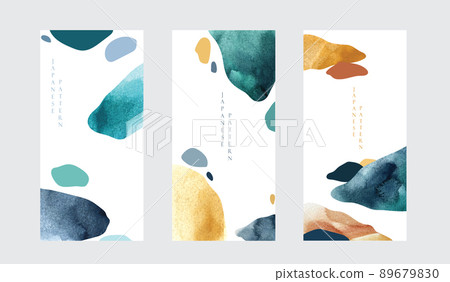 Blue and green brush stroke texture with Japanese pattern in vintage style. Abstract art mountain landscape banner design with watercolor texture vector. Stone and rock element. 89679830