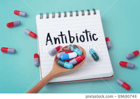 Antibiotic medicine concept, capsule pills on spoon with notebook on green background 89680748