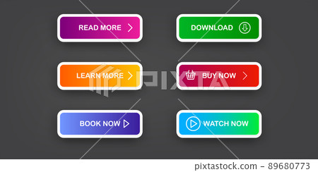 Vector Modern material style buttons set isolated on grey background. Read more, buy now, download, book now, watch now buttons collection with gradient colors and icons with shadows. Vector Modern material style buttons set isolated on grey background. Read more, buy now, download, book now, watch now buttons collection with gradient colors and icons with shadows. 89680773