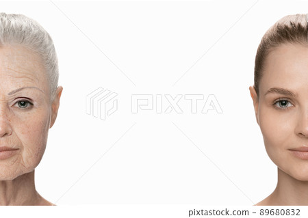 Half-faced portrait of beautiful woman with young smooth and old wrinkled skin. Before and after. Process of aging and rejuvenation 89680832