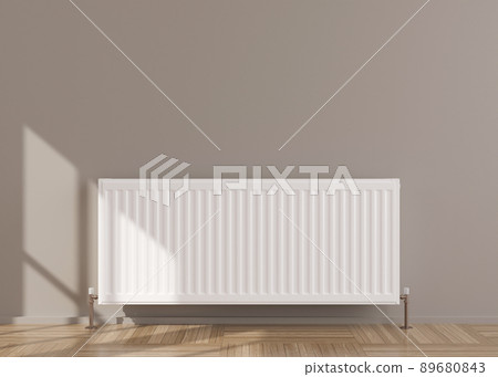 White heating radiator on grey wall. Central heating system. Free, copy space for your text. 3D rendering. 89680843