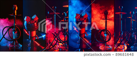 Collage of many different hookahs shisha with smoke and coals with neon light Collage of many different hookahs shisha with smoke and coals with neon light 89681648