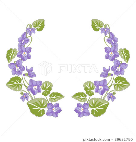 Peri Violet hand drawn flower wreath vector illustration isolated. Vintage Romantic spring floral round frame. Botanical floral arrangement for Wedding Birthday Woman Day Happy Easter design.  89681790