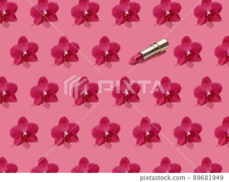 Creative seamless pattern of vivid pink orchid flowers and golden lipstick on bright pink background. Trendy and fashion makeup concept. Romantic concept. Trendy natural cosmetics backdrop. Creative seamless pattern of vivid pink orchid flowers and golden lipstick on bright pink background. Trendy and fashion makeup concept. Romantic concept. Trendy natural cosmetics backdrop. 89681949