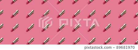 Creative seamless pattern of vivid pink golden lipsticks on bright pink background. Trendy and fashion makeup concept. Romantic concept. Web banner. Creative seamless pattern of vivid pink golden lipsticks on bright pink background. Trendy and fashion makeup concept. Romantic concept. Web banner. 89681970
