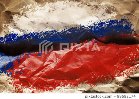 Crumpled paper background with a Russian flag. Copy space. Concept of world crisis and war Crumpled paper background with a Russian flag. Copy space. Concept of world crisis and war 89682174