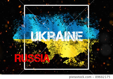 A drawn Ukraine flag and text Russia on a black background. Concept of world crisis and war A drawn Ukraine flag and text Russia on a black background. Concept of world crisis and war 89682175