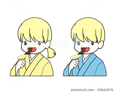 Illustration of white men and women (upper body) in yukata eating chocolate banana 89682676