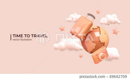 Luggage, planet and photo camera with clouds and stars around. Luggage, planet and photo camera with clouds and stars around. 89682709