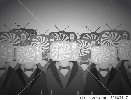 Men crowd in suits with TV hypnotic head 89683147