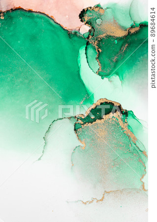 Green gold abstract background of marble liquid ink art painting on paper . 89684614