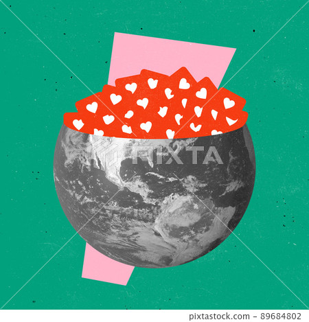 Contemporary art collage. Half of globe filled with social media likes. Worldwide network, communication 89684802