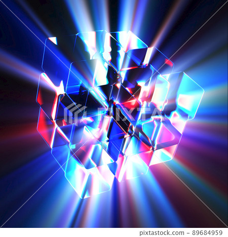 3d rendered abstract cubic shape with light rays and detailed reflection and dispersion. 3d rendered abstract cubic shape with light rays and detailed reflection and dispersion. 89684959