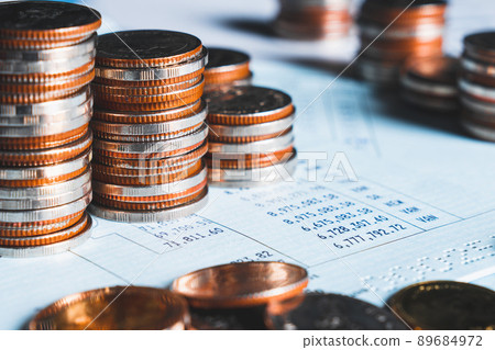 Pile of gold coins stack in finance treasury deposit bank account for saving Pile of gold coins stack in finance treasury deposit bank account for saving 89684972