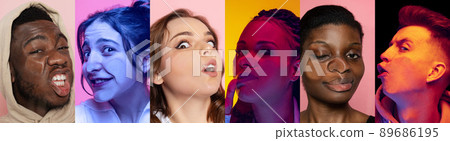 Set of close-up faces of multiethnic young people crushed on glass isolated on colored background. Concept of human emotions, diversity. 89686195