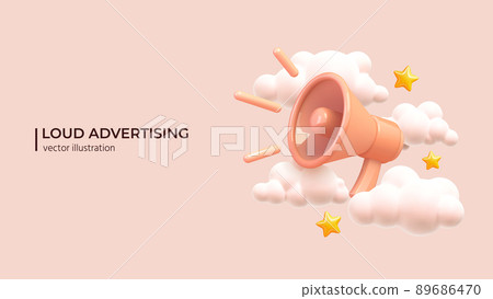 Loudspeaker with lightning with clouds and stars around. Loudspeaker with lightning with clouds and stars around. 89686470
