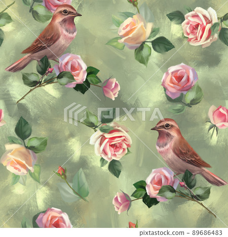 Background with rose flowers and birds. Seamless floral pattern Background with rose flowers and birds. Seamless floral pattern 89686483