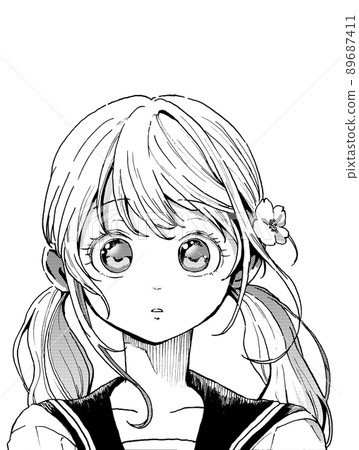 Monochrome illustration of a girl with pigtails in a sailor suit, front-facing face, backgroundless version 89687411
