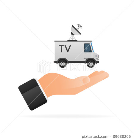 Cartoon illustration with tv truck for report design. Cartoon vector illustration. Internet network Cartoon illustration with tv truck for report design. Cartoon vector illustration. Internet network 89688206