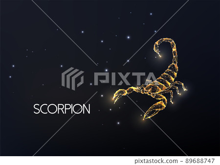 Gold scorpion made of lines, dots, circles and polygons isolated on black background. 89688747