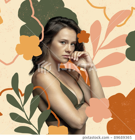 Art portrait of beautiful romantic girl posing on drawn colorful floral background. Pastel color. Contemporary collage. Magazine cover design. 89689365