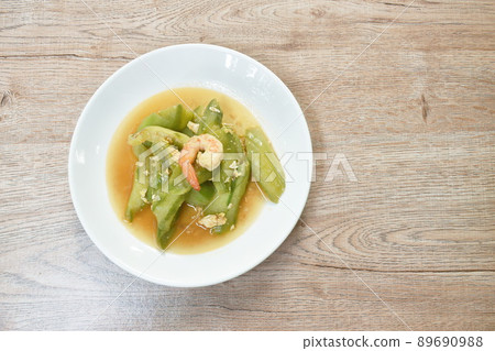 stir fried ridge gourd with egg and shrimp on dish stir fried ridge gourd with egg and shrimp on dish 89690988