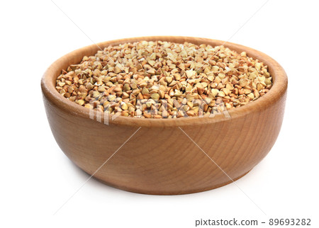 Green buckwheat in bowl isolated on white Green buckwheat in bowl isolated on white 89693282