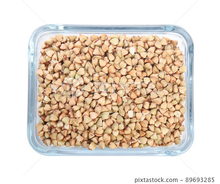 Green buckwheat in bowl isolated on white, top view Green buckwheat in bowl isolated on white, top view 89693285