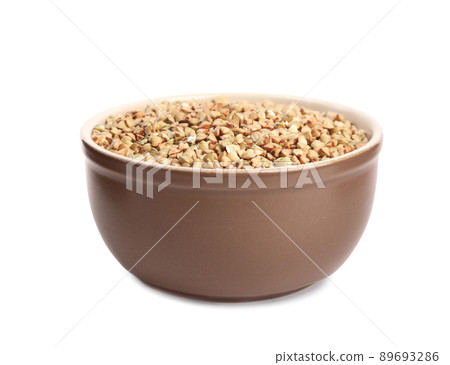 Green buckwheat in bowl isolated on white 89693286