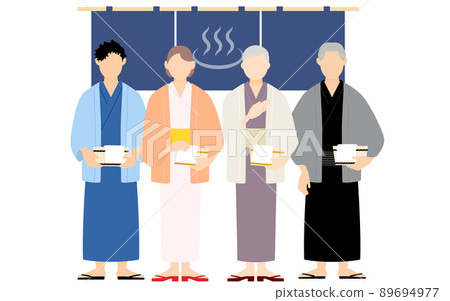 溫泉之旅，一家人穿著浴衣，拿著木桶 89694977
