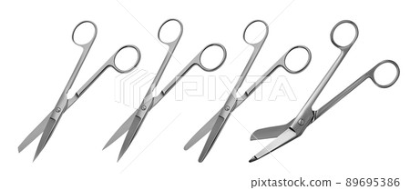 Set of surgical articulated scissors with various blade shapes and different purposes. Vector illustration Set of surgical articulated scissors with various blade shapes and different purposes. Vector illustration 89695386