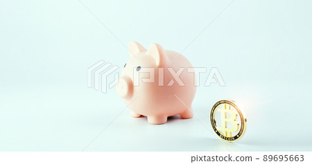 Save bitcoin money. Pink piggy bank with crypto coin BTC on white background. Saving currency money and financial concept bank. Save bitcoin money. Pink piggy bank with crypto coin BTC on white background. Saving currency money and financial concept bank. 89695663