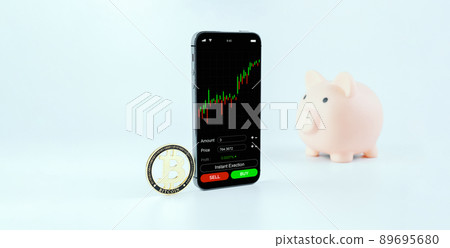 Crypto currency trading. Pink piggy bank, gold crypto currency BTC bitcoin, bitcoin wallet mobile phone application on white background. Save virtual money concept. Crypto currency trading. Pink piggy bank, gold crypto currency BTC bitcoin, bitcoin wallet mobile phone application on white background. Save virtual money concept. 89695680