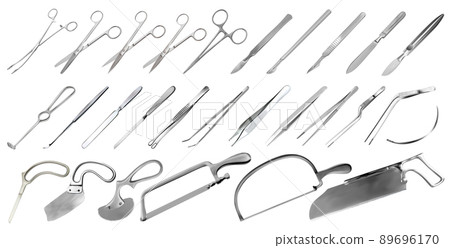 Surgical instruments set. Tweezers, scalpels, plaster and bone saws, amputation and plaster knives, Microsurgical forceps and clamps, hook, needle. Large collection of hand metal tools. Vector Surgical instruments set. Tweezers, scalpels, plaster and bone saws, amputation and plaster knives, Microsurgical forceps and clamps, hook, needle. Large collection of hand metal tools. Vector 89696170