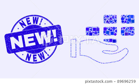 Blue Distress New Exclamation Stamp Seal and Hand Offer Bricks Mosaic 89696259
