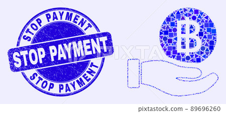 Blue Scratched Stop Payment Stamp and Hand Offer Bitcoin Mosaic 89696260