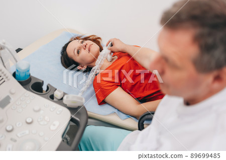 The doctor gives the woman an ultrasound of the thyroid gland. 89699485