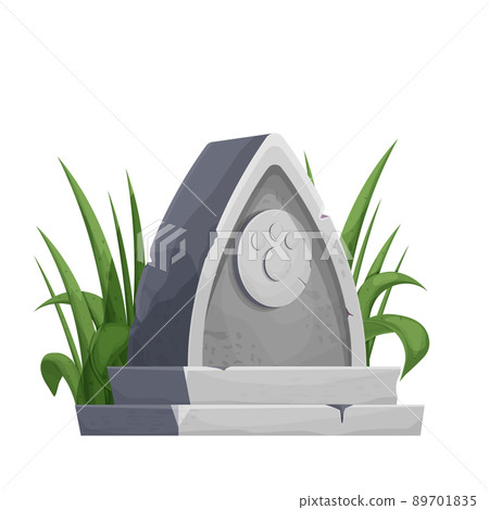 Pet gravestone, animal funeral with foot print decorated with grass in cartoon style isolated on white background. Pet gravestone, animal funeral with foot print decorated with grass in cartoon style isolated on white background. 89701835