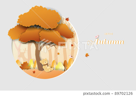 Paper cut and craft style with cute sleeping bear on autumn forest 89702126