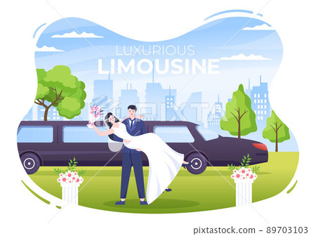 Limousine on Wedding Ceremony with Pictures of Car, Men and Women Wearing Married Dresses in Flat Cartoon Illustration Limousine on Wedding Ceremony with Pictures of Car, Men and Women Wearing Married Dresses in Flat Cartoon Illustration 89703103