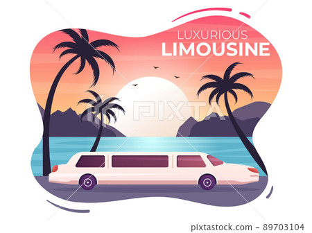 Limousine Car with Sunset or Sunrise Views on the Beach in Flat Cartoon Illustration Limousine Car with Sunset or Sunrise Views on the Beach in Flat Cartoon Illustration 89703104