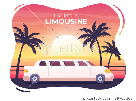 Limousine Car with Sunset or Sunrise Views on the Beach in Flat Cartoon Illustration Limousine Car with Sunset or Sunrise Views on the Beach in Flat Cartoon Illustration 89703105