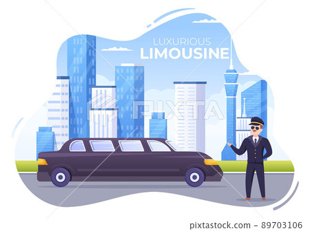 Limousine Car with City Urban View and Luxury Metropolis Concept in Flat Cartoon Illustration Limousine Car with City Urban View and Luxury Metropolis Concept in Flat Cartoon Illustration 89703106