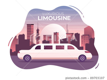 Limousine Car with City Urban View and Luxury Metropolis Concept in Flat Cartoon Illustration Limousine Car with City Urban View and Luxury Metropolis Concept in Flat Cartoon Illustration 89703107