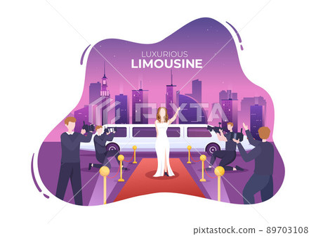 VIP Limousine Car of Red Carpet for Celebrity Superstar Walk with Night City Landscape View in Flat Cartoon Illustration 89703108
